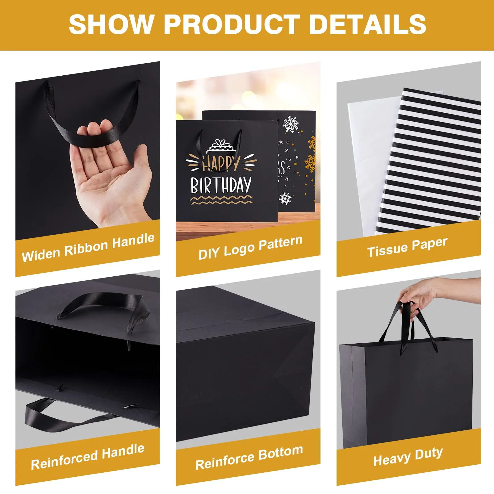 12 Pack Black Gift Bags with Ribbon Handles, Large Gift Bags with Tissue Paper, Black Kraft Paper Gift Bags for Shopping, Small Business, Wedding, Christmas and Holiday (12.5” x4.5” x11”)