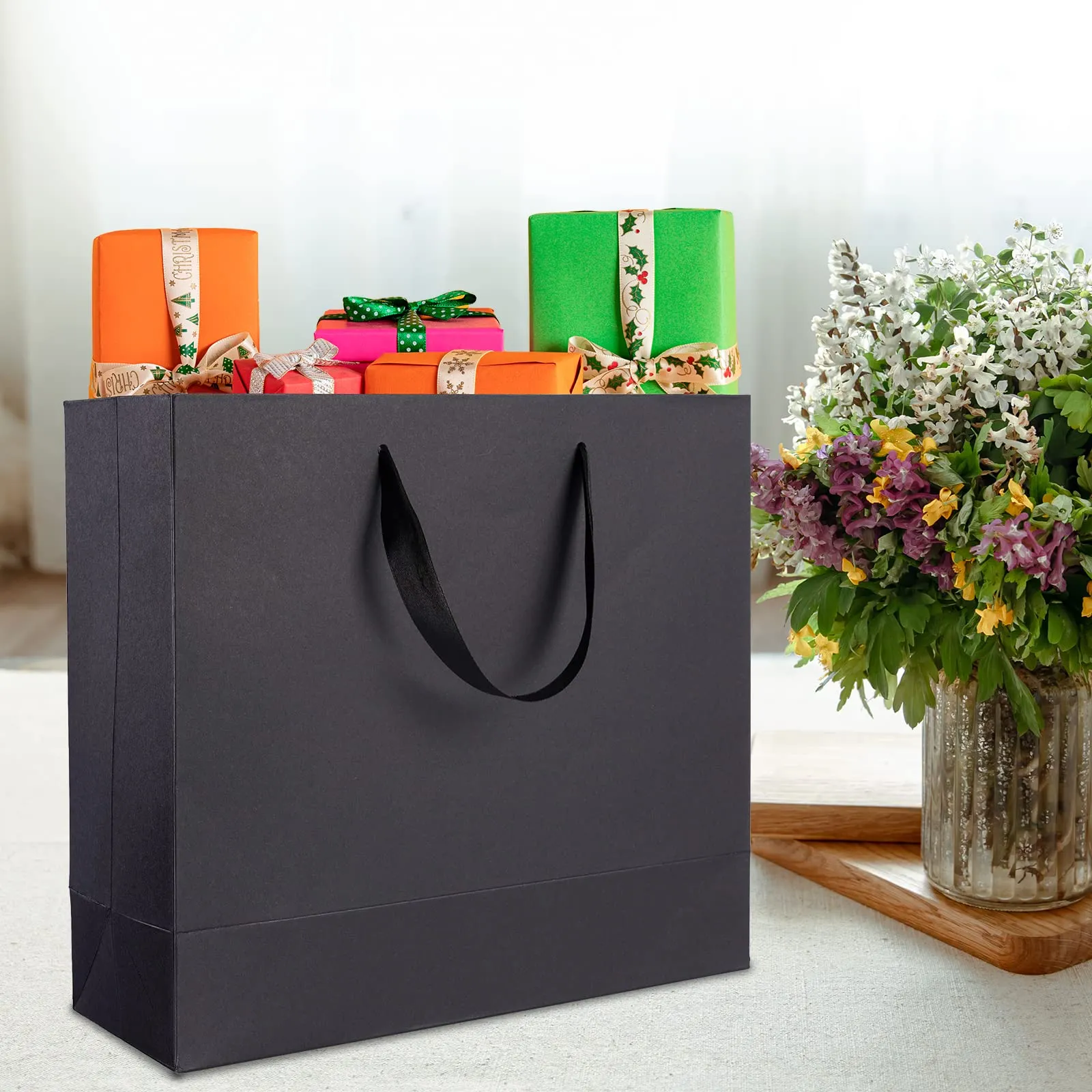 12 Pack Black Gift Bags with Ribbon Handles, Large Gift Bags with Tissue Paper, Black Kraft Paper Gift Bags for Shopping, Small Business, Wedding, Christmas and Holiday (12.5” x4.5” x11”)