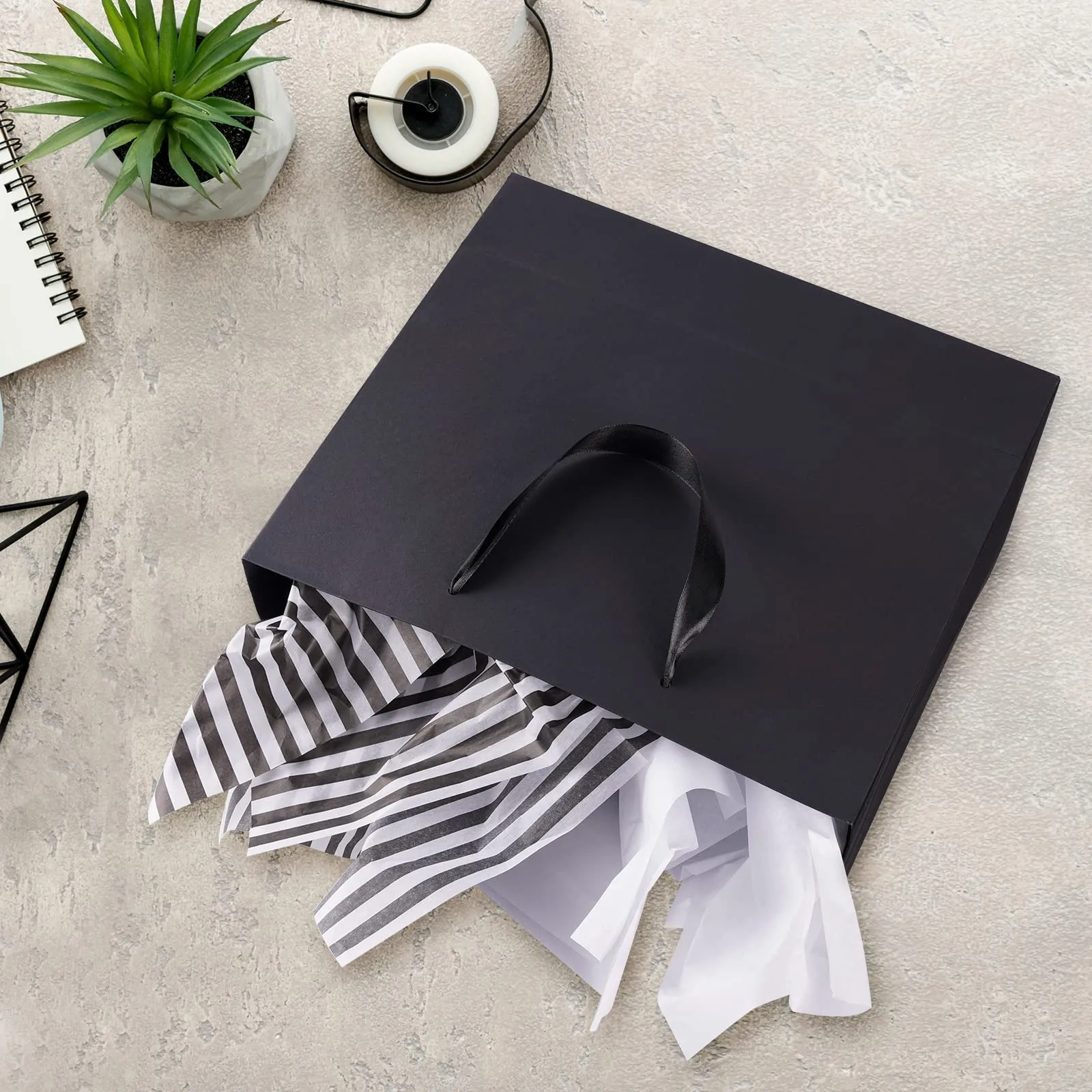 12 Pack Black Gift Bags with Ribbon Handles, Large Gift Bags with Tissue Paper, Black Kraft Paper Gift Bags for Shopping, Small Business, Wedding, Christmas and Holiday (12.5” x4.5” x11”)
