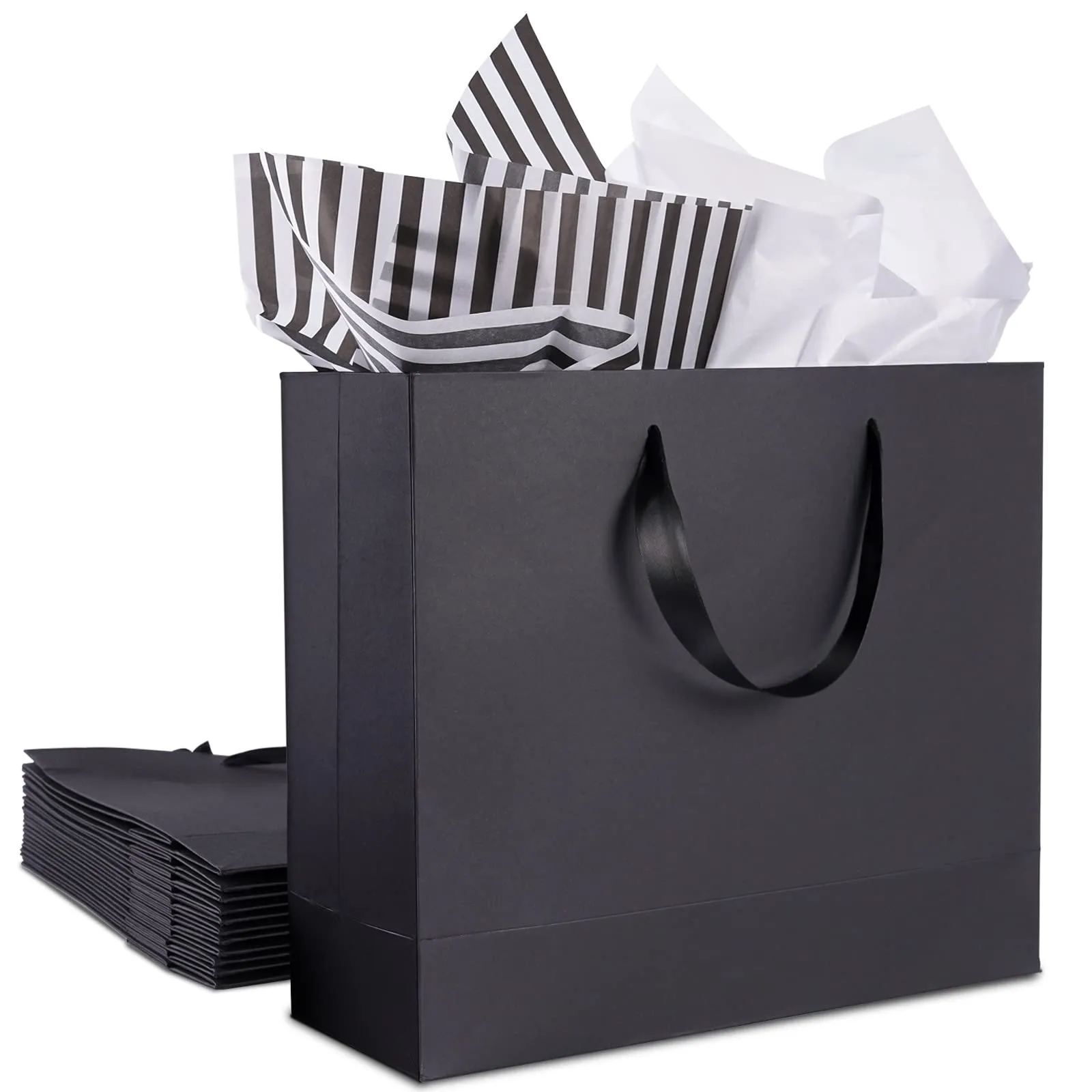 12 Pack Black Gift Bags with Ribbon Handles, Large Gift Bags with Tissue Paper, Black Kraft Paper Gift Bags for Shopping, Small Business, Wedding, Christmas and Holiday (12.5” x4.5” x11”)