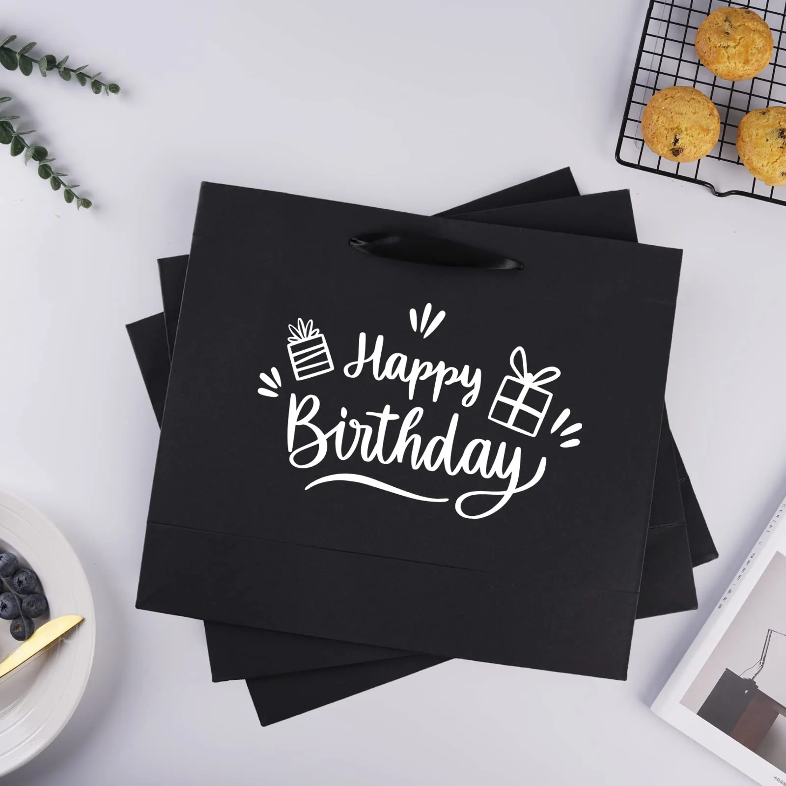 12 Pack Black Gift Bags with Ribbon Handles, Large Gift Bags with Tissue Paper, Black Kraft Paper Gift Bags for Shopping, Small Business, Wedding, Christmas and Holiday (12.5” x4.5” x11”)