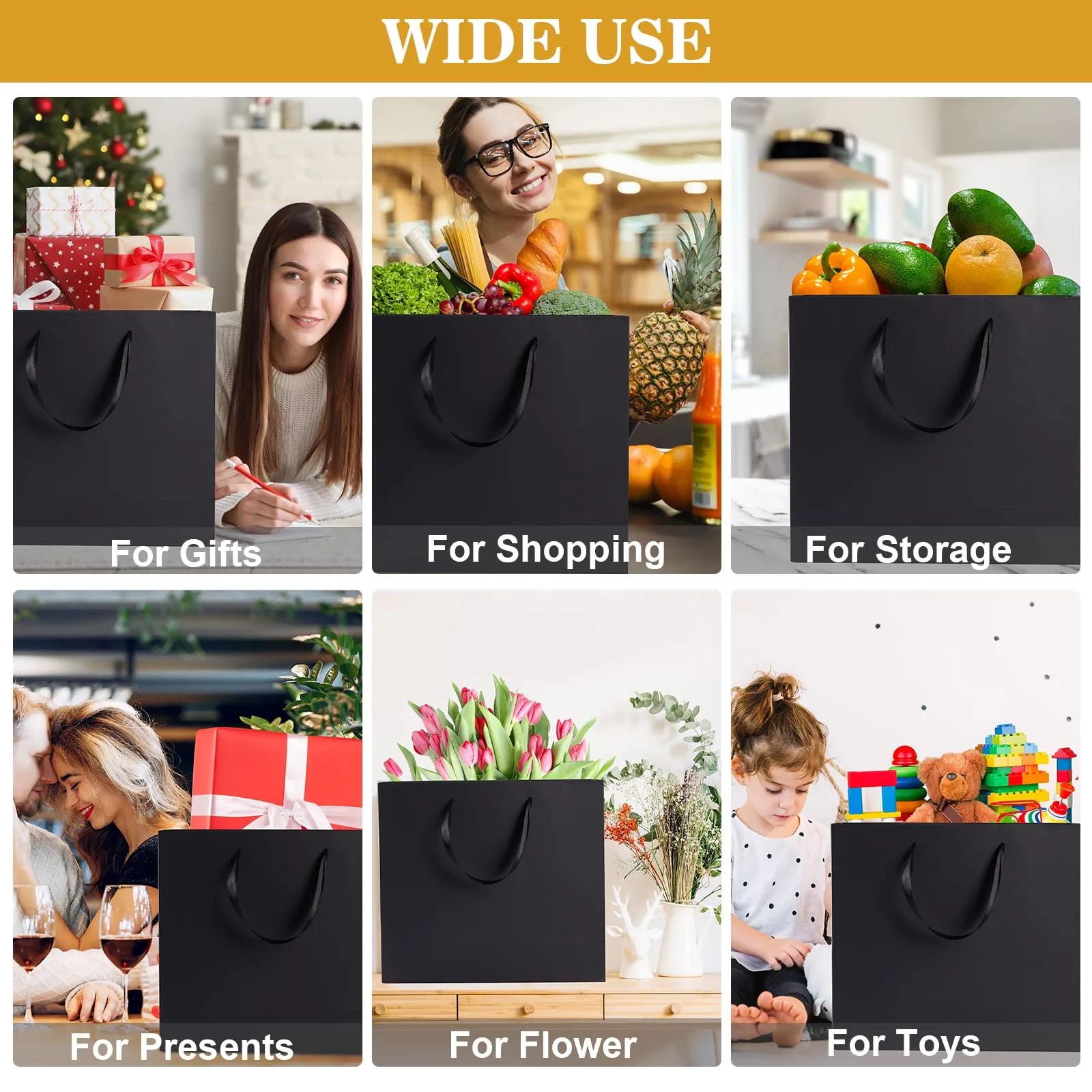 12 Pack Black Gift Bags with Ribbon Handles, Large Gift Bags with Tissue Paper, Black Kraft Paper Gift Bags for Shopping, Small Business, Wedding, Christmas and Holiday (12.5” x4.5” x11”)