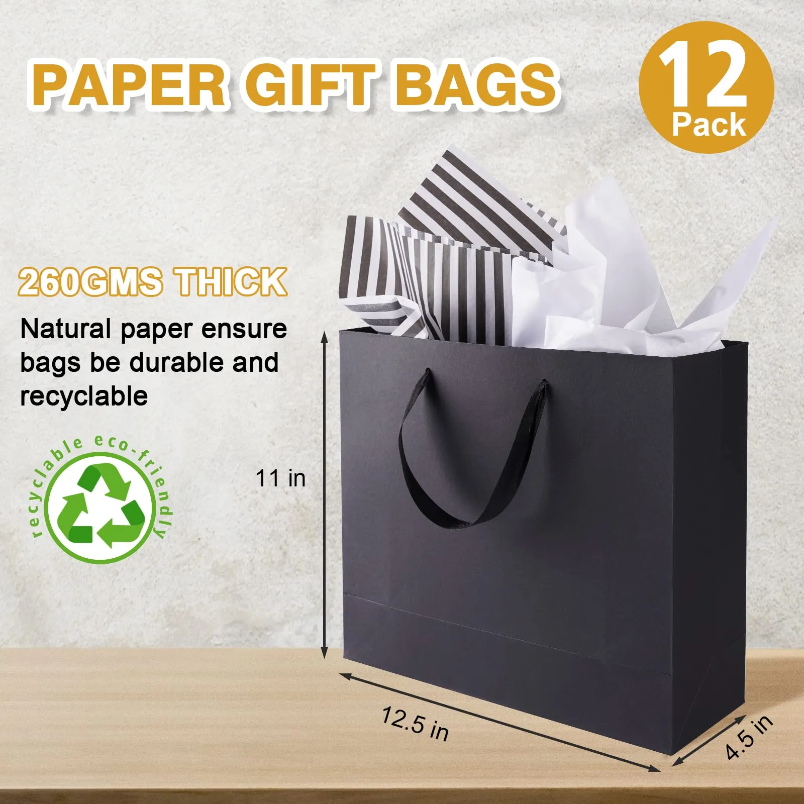 12 Pack Black Gift Bags with Ribbon Handles, Large Gift Bags with Tissue Paper, Black Kraft Paper Gift Bags for Shopping, Small Business, Wedding, Christmas and Holiday (12.5” x4.5” x11”)