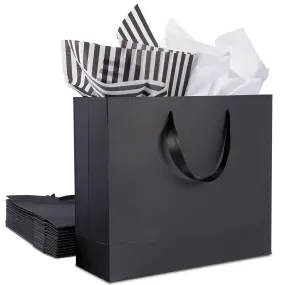 12 Pack Black Gift Bags with Ribbon Handles, Large Gift Bags with Tissue Paper, Black Kraft Paper Gift Bags for Shopping, Small Business, Wedding, Christmas and Holiday (12.5” x4.5” x11”)