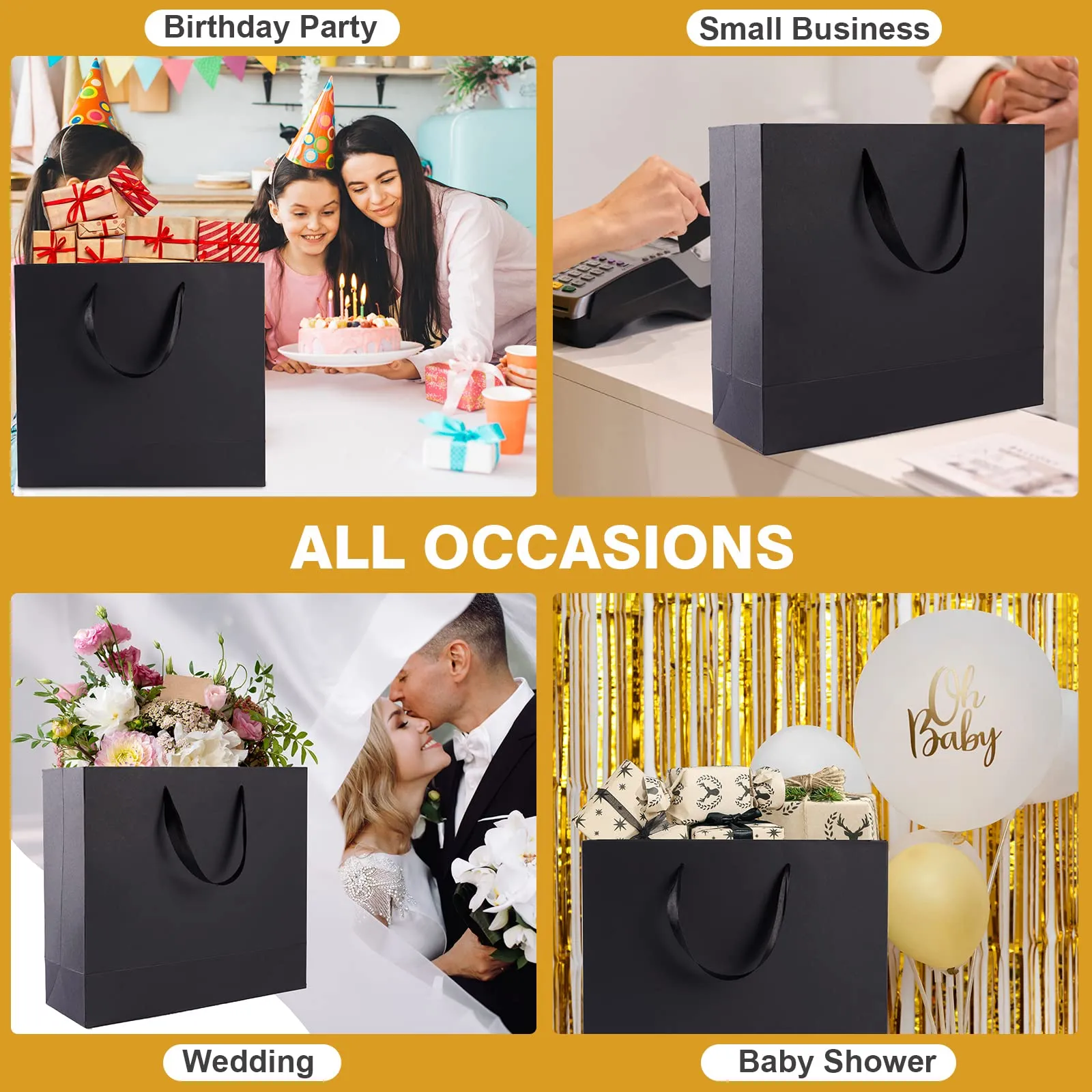 12 Pack Black Gift Bags with Ribbon Handles, Large Gift Bags with Tissue Paper, Black Kraft Paper Gift Bags for Shopping, Small Business, Wedding, Christmas and Holiday (12.5” x4.5” x11”)