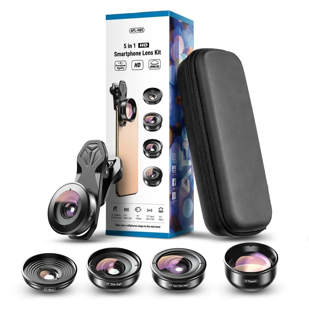 APEXEL HD 5 in 1 Camera Phone Lens 4K Wide Macro Lens Portrait Super Fisheye Lens CPL Filter for iPhone Samsung all cellphone