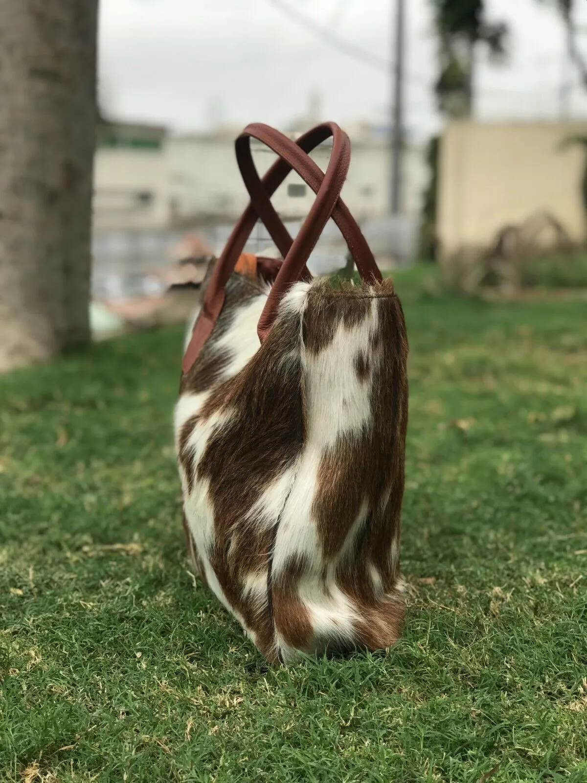 Brown White Long Hair On Hide Shoulder Purse