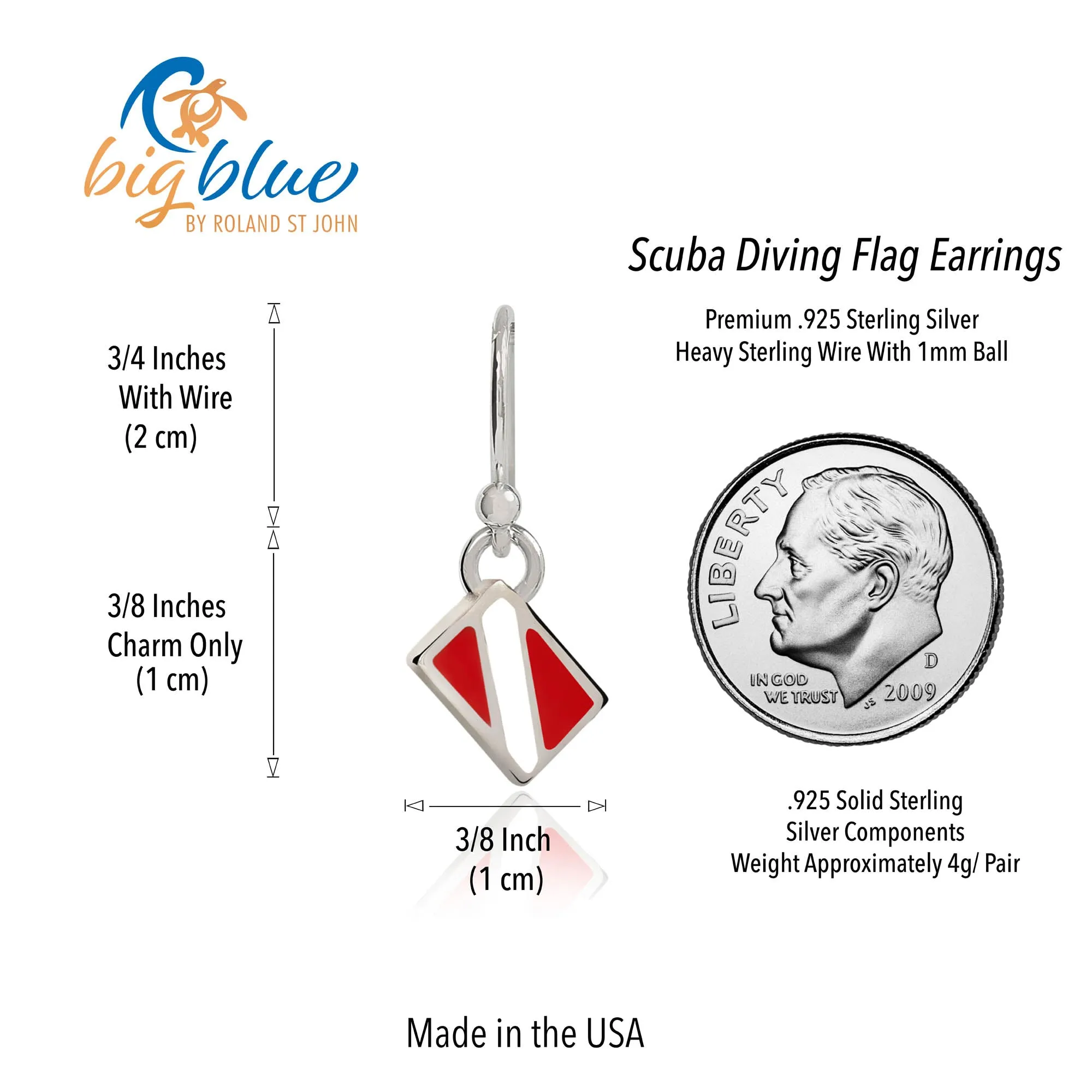 Dive Flag Earrings for Women Sterling Silver- Scuba Diving Gifts for Women, Scuba Diving Earrings, Dive Flag Charm Earrings, Gifts for Scuba Divers