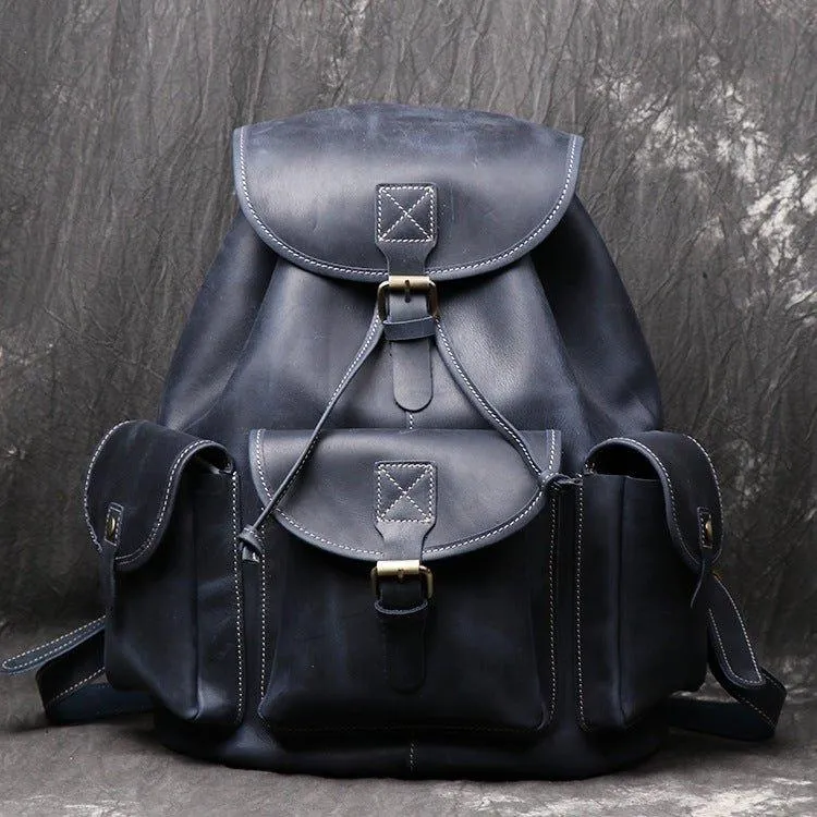 Mens Vintage Leather Backpack Drawstring