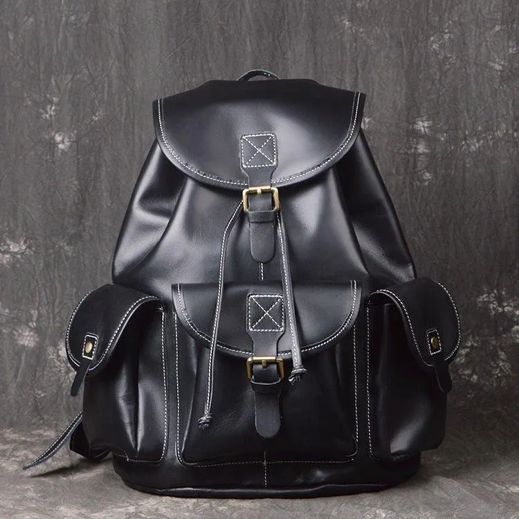 Mens Vintage Leather Backpack Drawstring