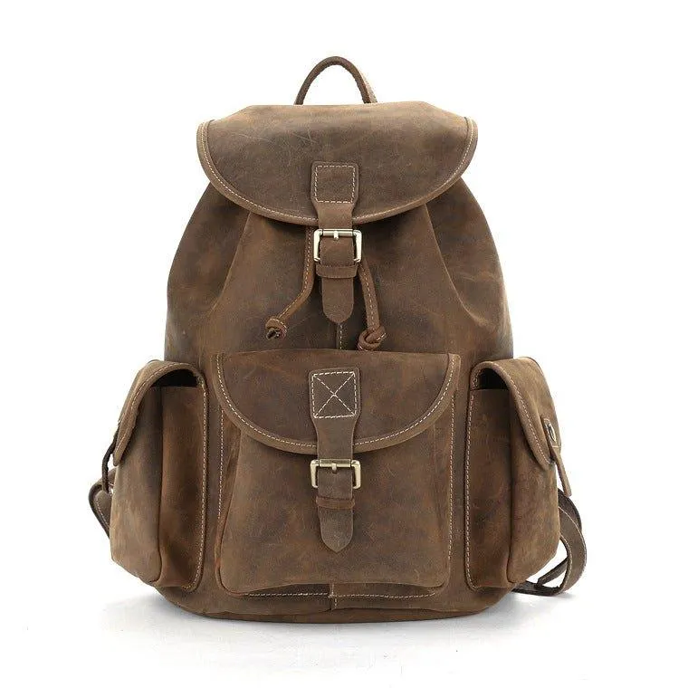 Mens Vintage Leather Backpack Drawstring