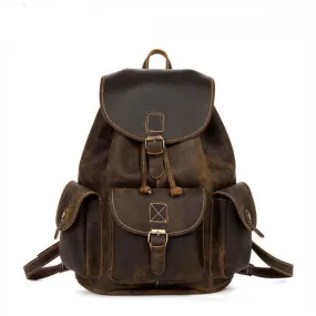 Mens Vintage Leather Backpack Drawstring
