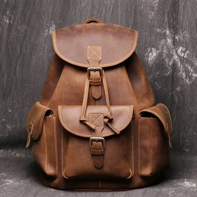 Mens Vintage Leather Backpack Drawstring