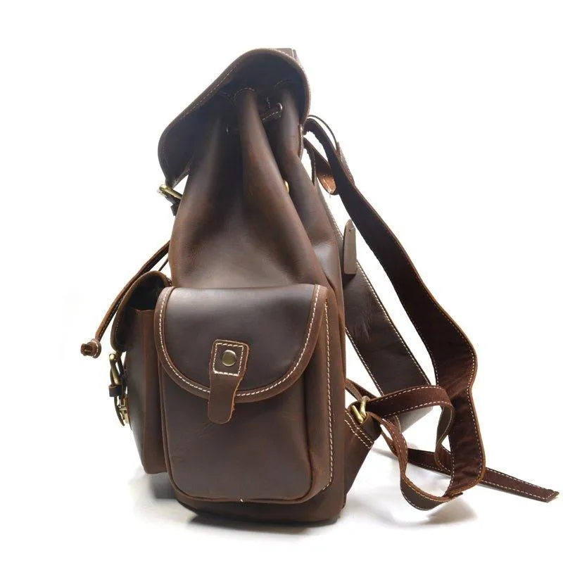 Mens Vintage Leather Backpack Drawstring