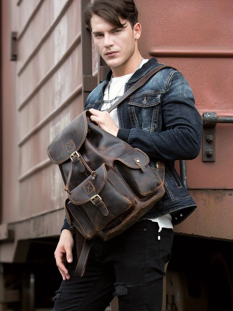 Mens Vintage Leather Backpack Drawstring