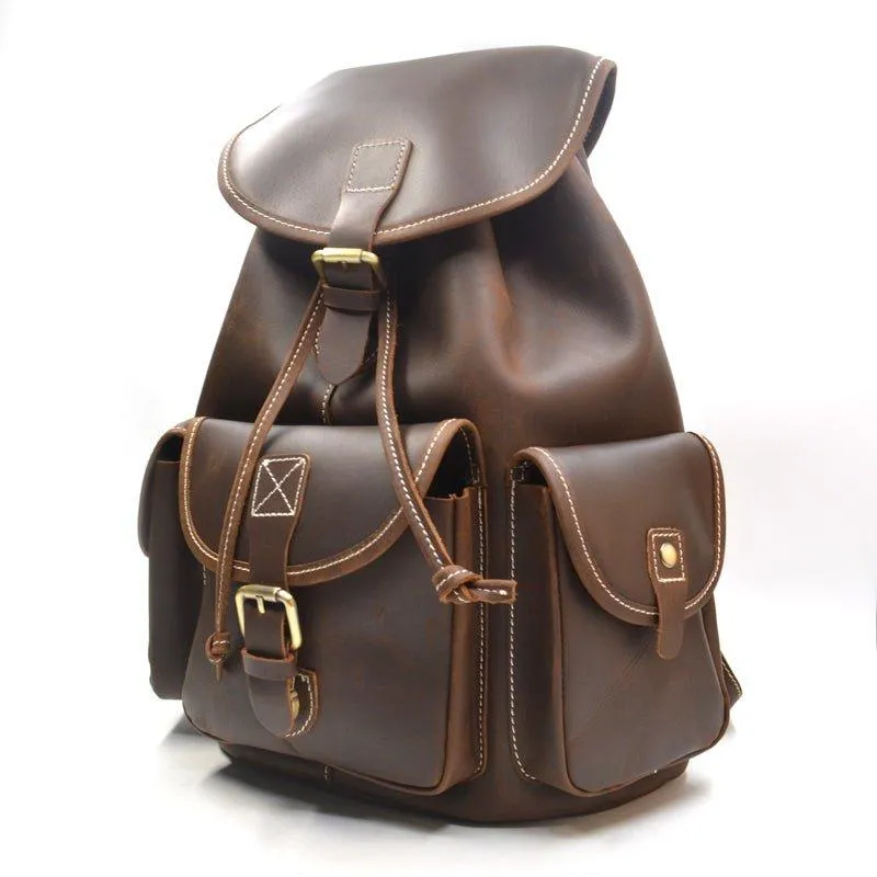 Mens Vintage Leather Backpack Drawstring