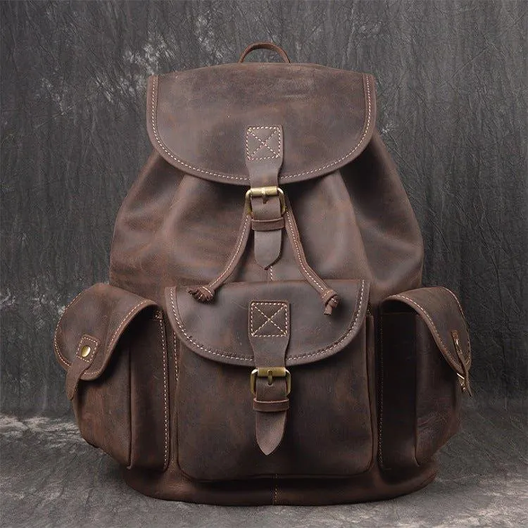 Mens Vintage Leather Backpack Drawstring