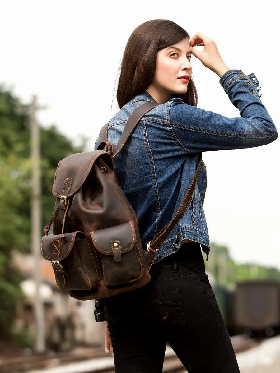 Mens Vintage Leather Backpack Drawstring