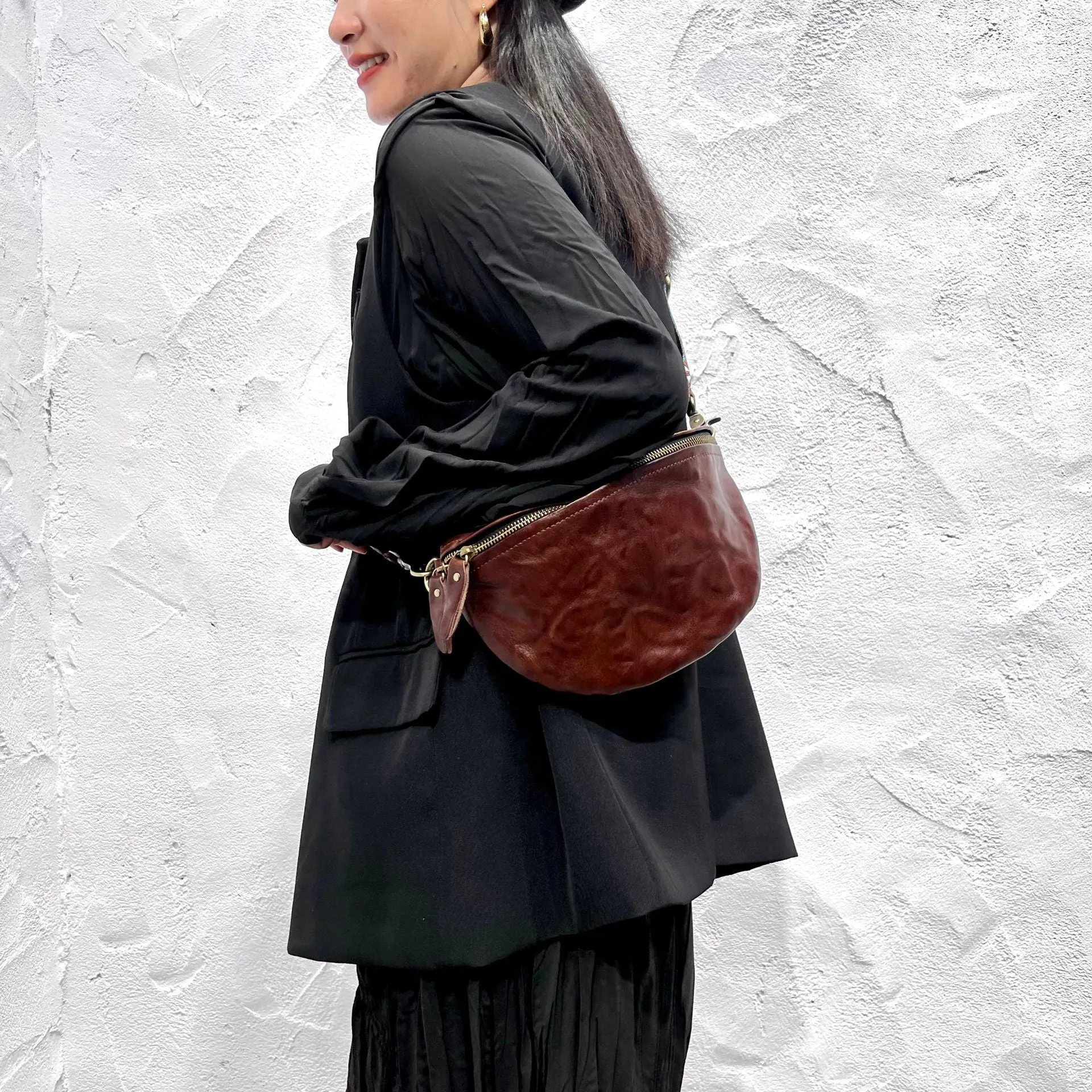 Women's Leather Chest Sling Bag with Boho Shoulder Strap Design