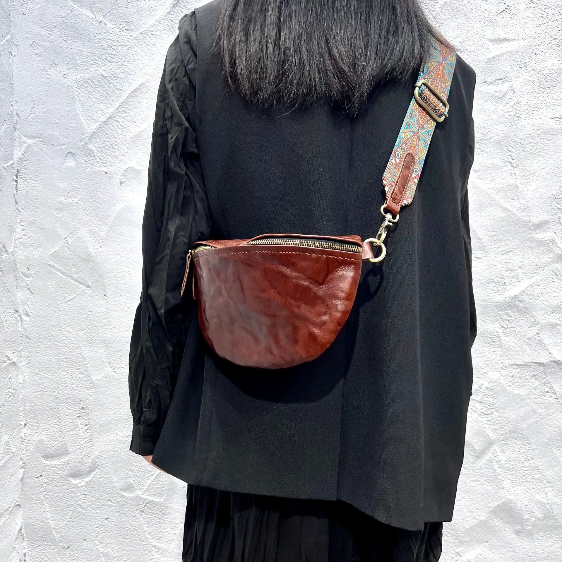 Women's Leather Chest Sling Bag with Boho Shoulder Strap Design