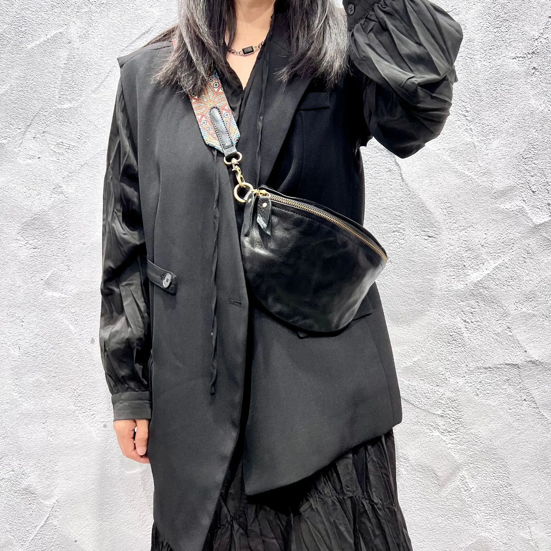 Women's Leather Chest Sling Bag with Boho Shoulder Strap Design