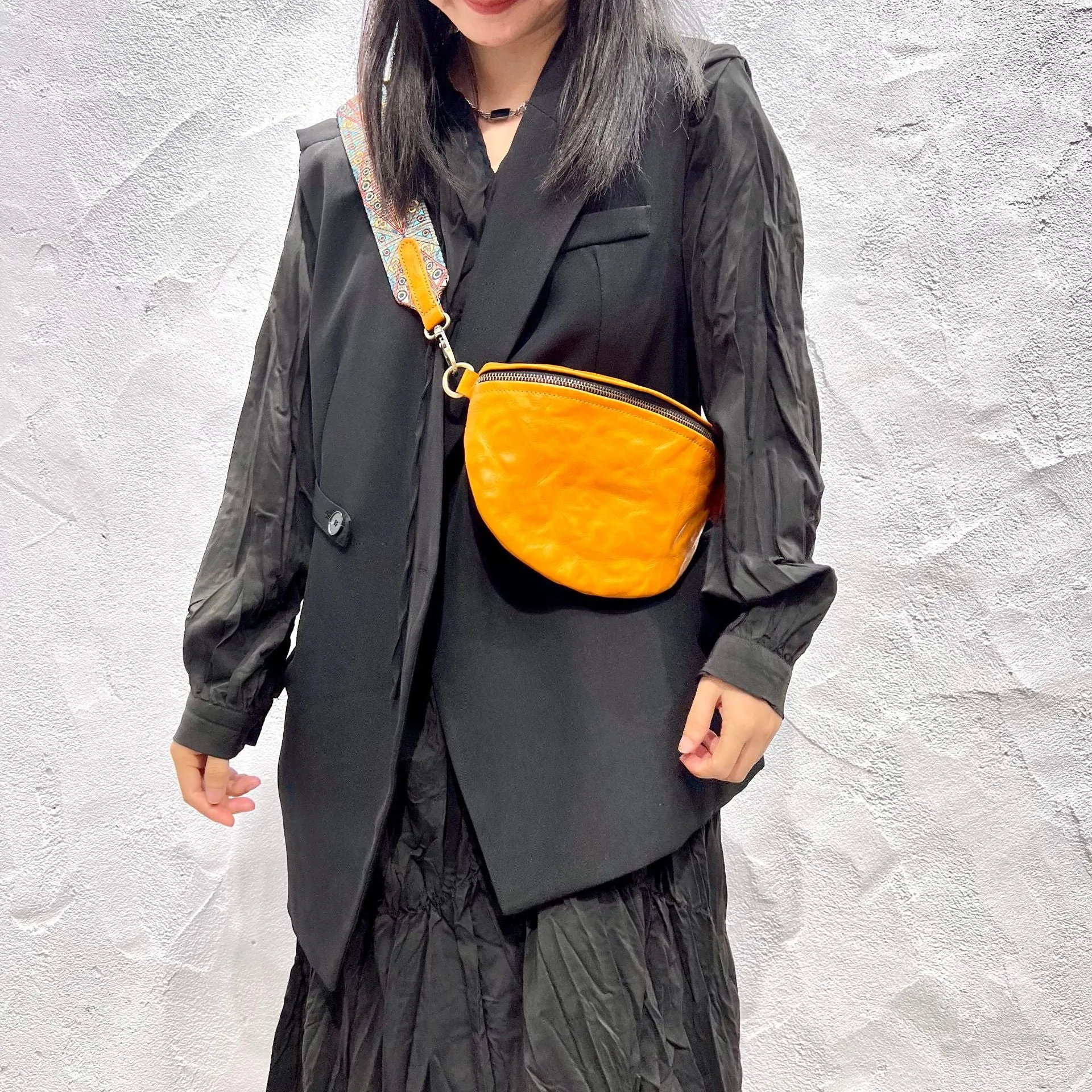 Women's Leather Chest Sling Bag with Boho Shoulder Strap Design
