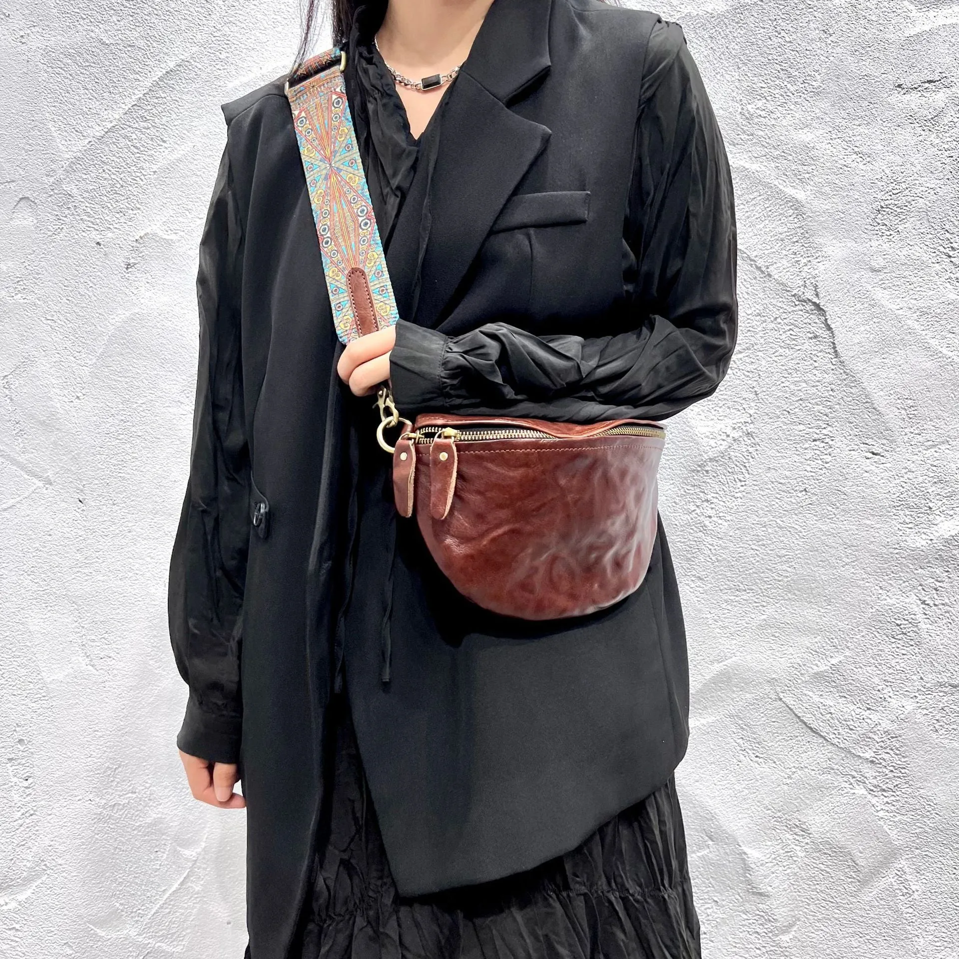 Women's Leather Chest Sling Bag with Boho Shoulder Strap Design
