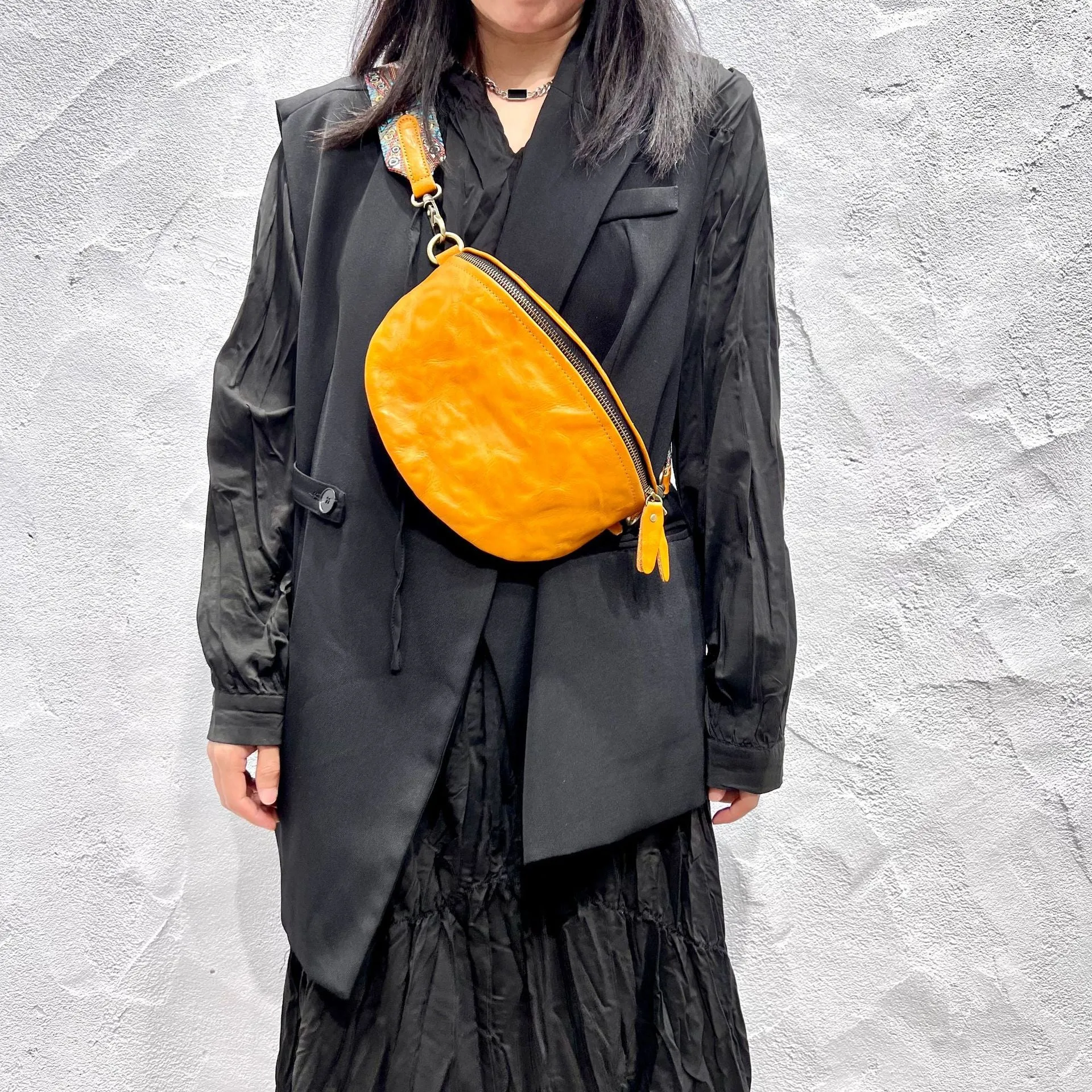 Women's Leather Chest Sling Bag with Boho Shoulder Strap Design