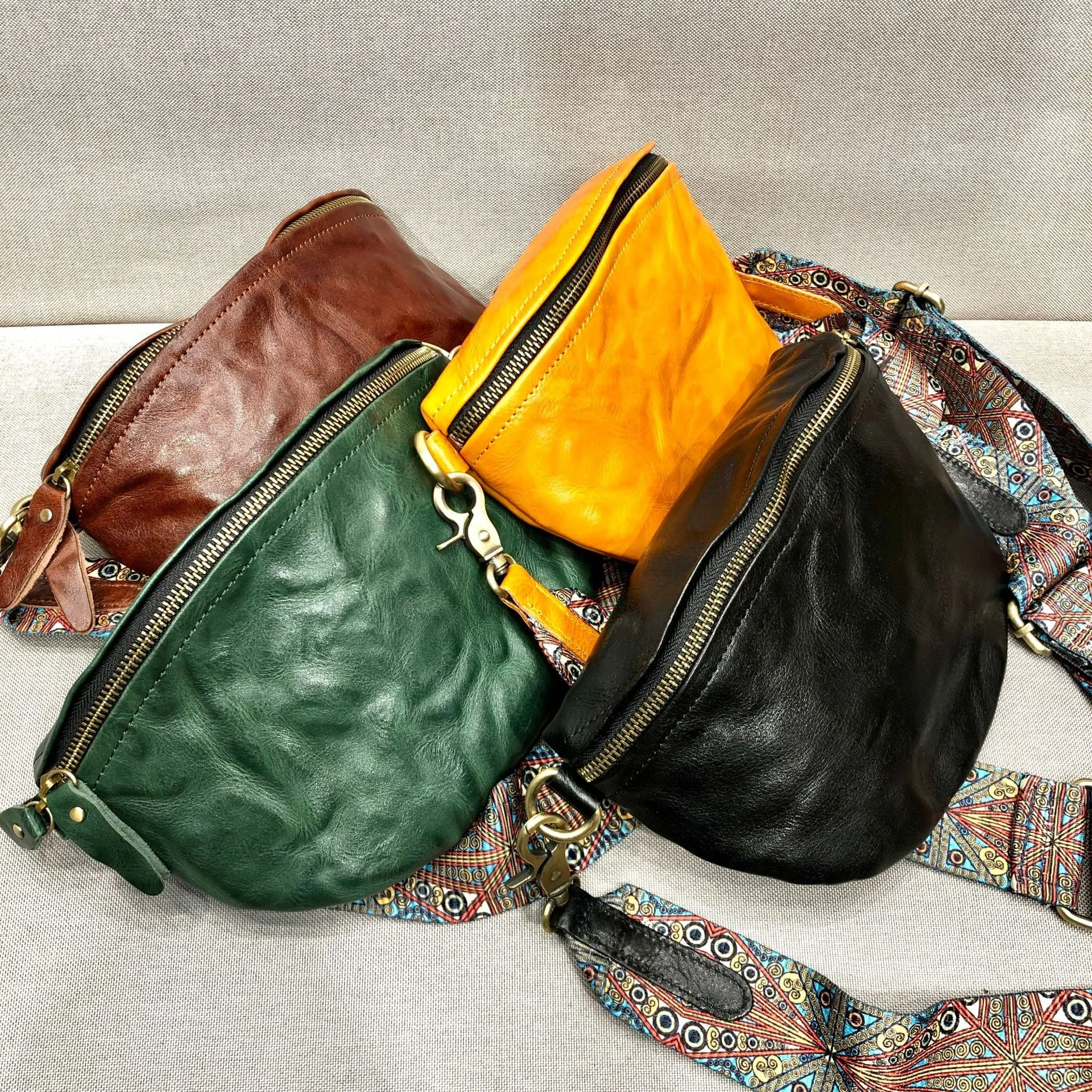Women's Leather Chest Sling Bag with Boho Shoulder Strap Design