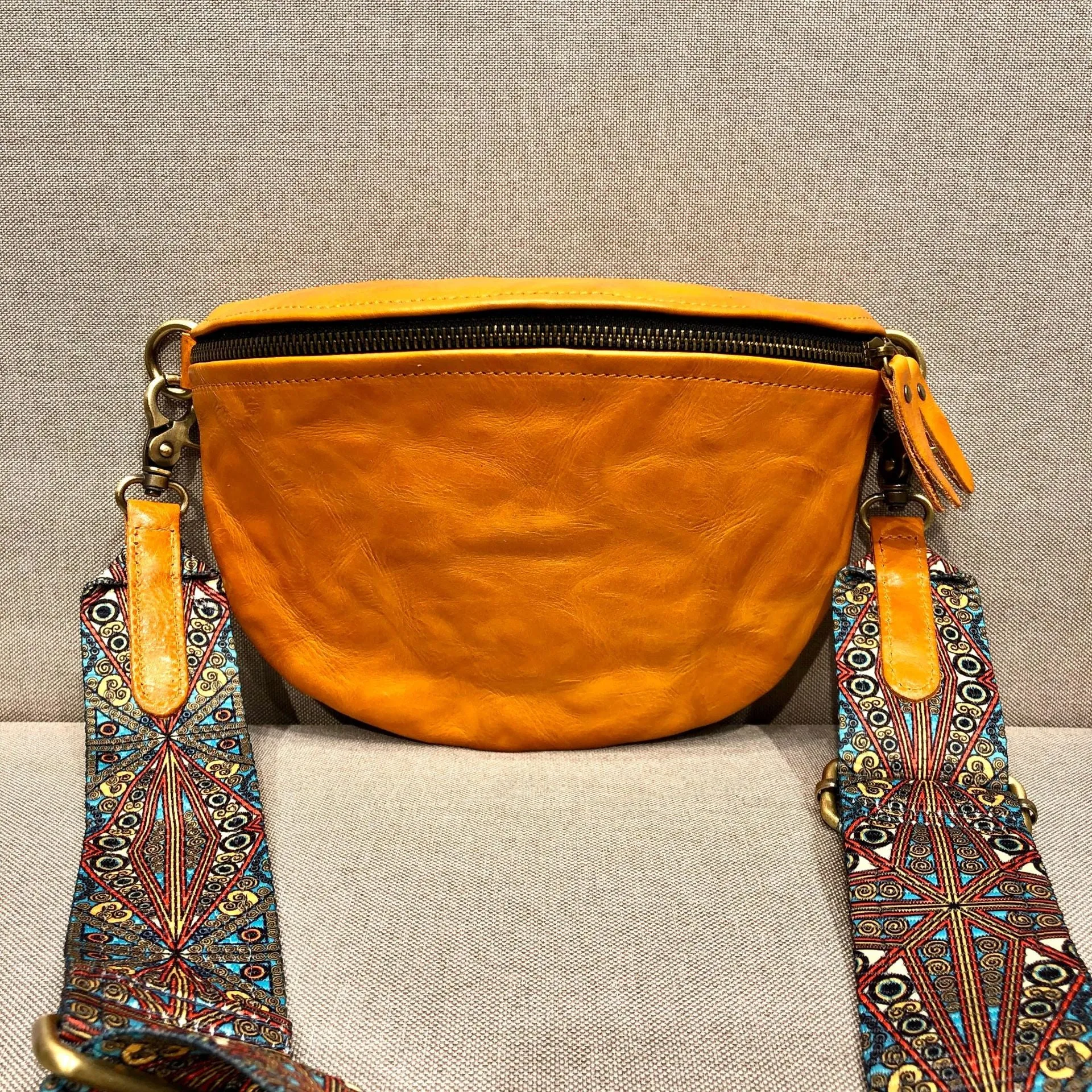 Women's Leather Chest Sling Bag with Boho Shoulder Strap Design