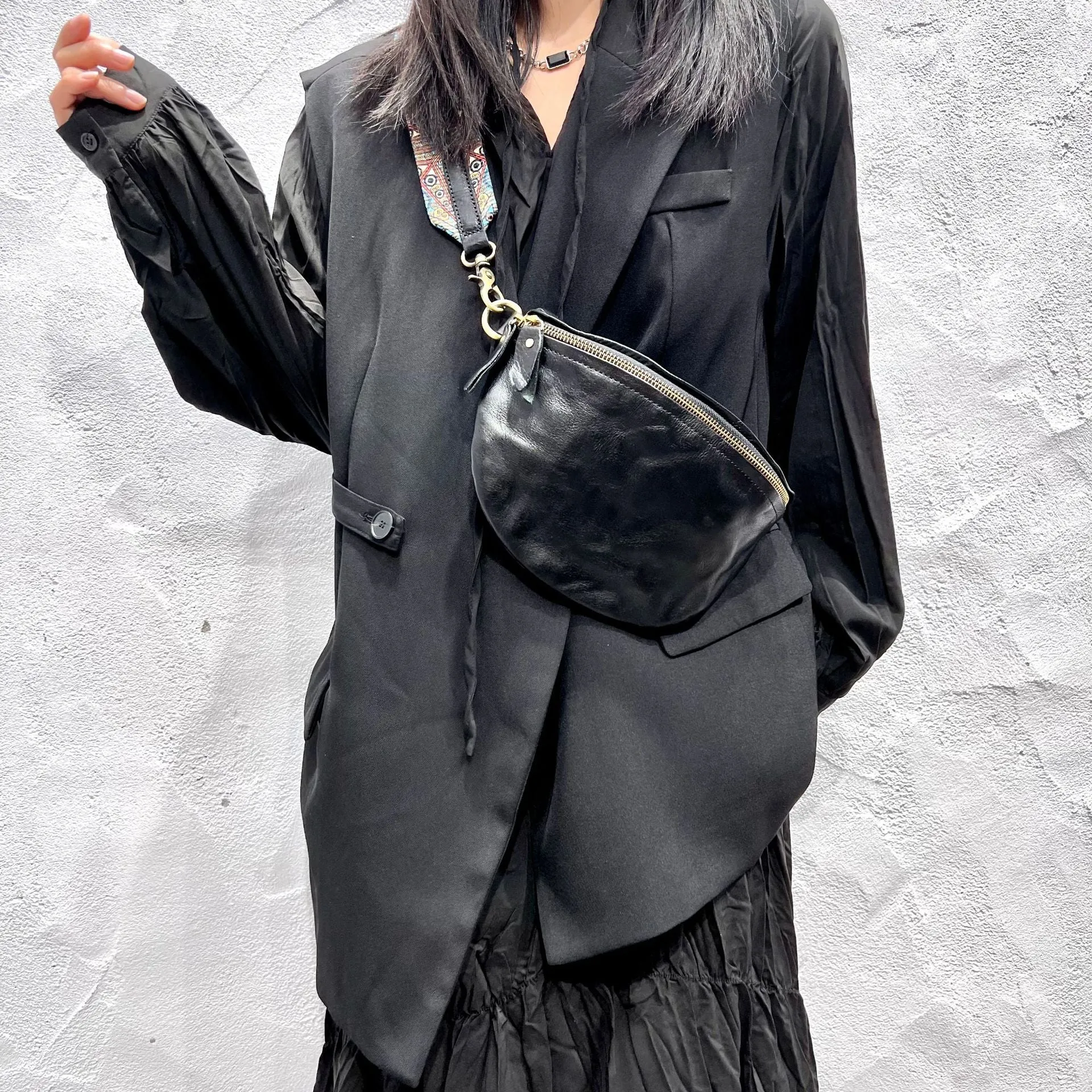 Women's Leather Chest Sling Bag with Boho Shoulder Strap Design