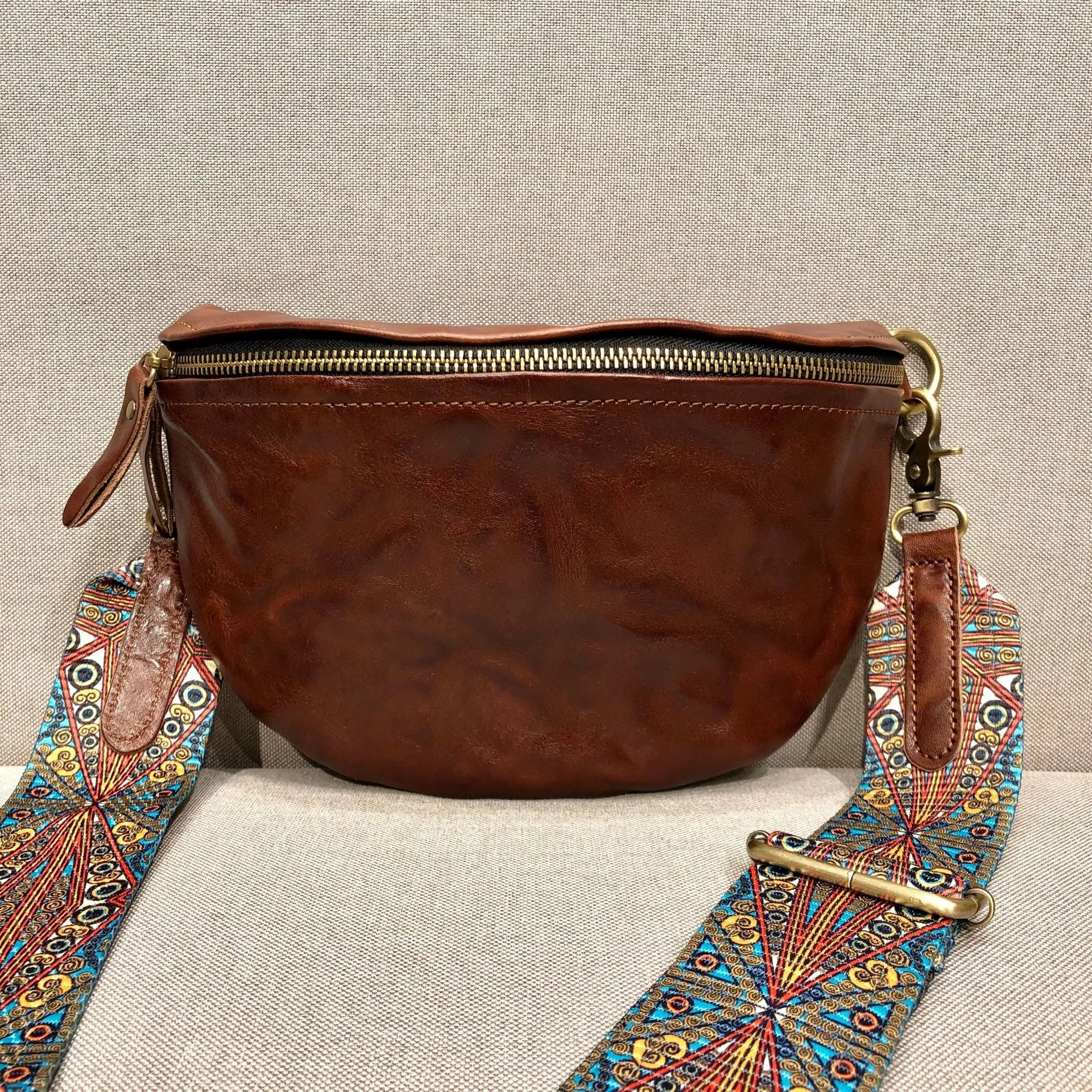 Women's Leather Chest Sling Bag with Boho Shoulder Strap Design